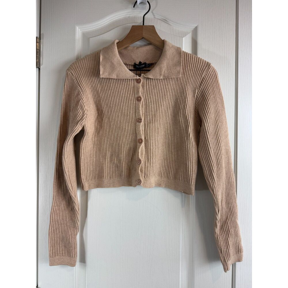Pretty Little Thing Petite Oatmeal Knitted Rib Cropped Cardigan Women's 8 - NWT
